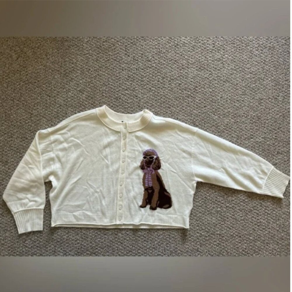 Anthropologie The Goldie Crew Neck Cashmere Blend Dog Cardigan Sweater S - Picture 5 of 10